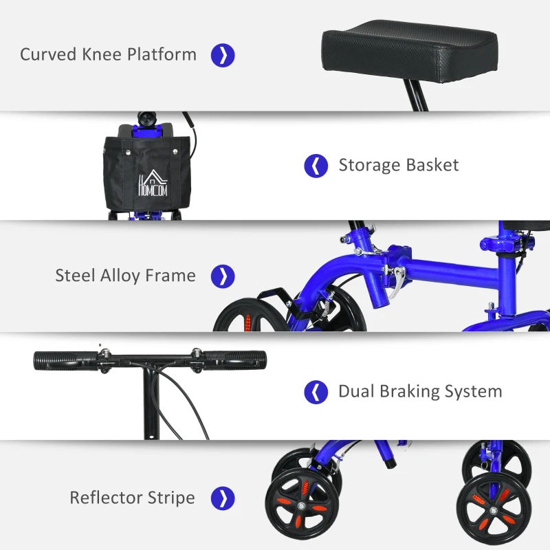 HOMCOM Steerable Knee Walker, Foldable Knee Scooter with Dual Braking System, Adjustable Height, Crutch Alternative, Blue