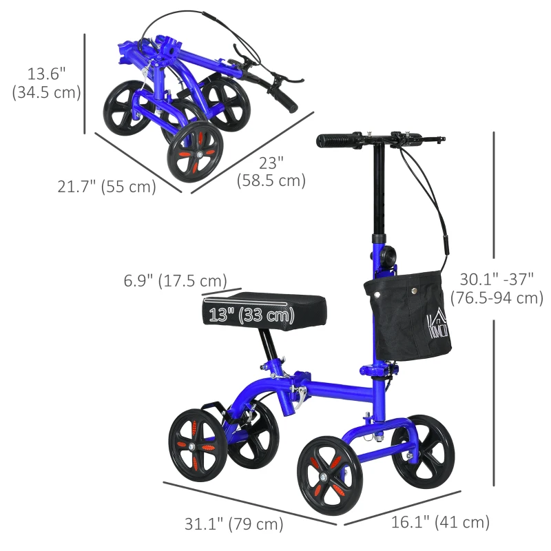HOMCOM Steerable Knee Walker, Foldable Knee Scooter with Dual Braking System, Adjustable Height, Crutch Alternative, Blue