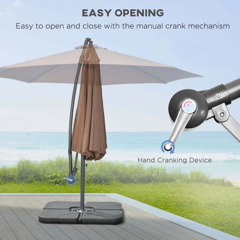 Outsunny 9.6ft Offset Patio Umbrella Garden Hanging Parasol Banana Cantilever Umbrella with Base, Crank, Coffee
