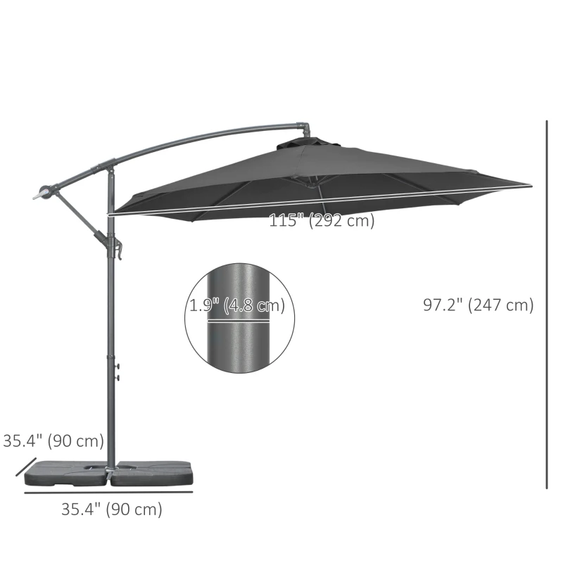 Outsunny 9.6ft Offset Patio Umbrella Garden Hanging Parasol Banana Cantilever Umbrella with Base, Crank, Black