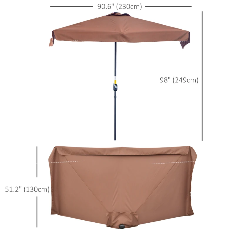 Outsunny 7.5ft Half Umbrella Semi Patio Parasol with Crank Handle, Top Vent for Garden, Balcony- NO BASE INCLUDED, Coffee