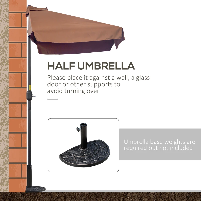 Outsunny 7.5ft Half Umbrella Semi Patio Parasol with Crank Handle, Top Vent for Garden, Balcony- NO BASE INCLUDED, Coffee
