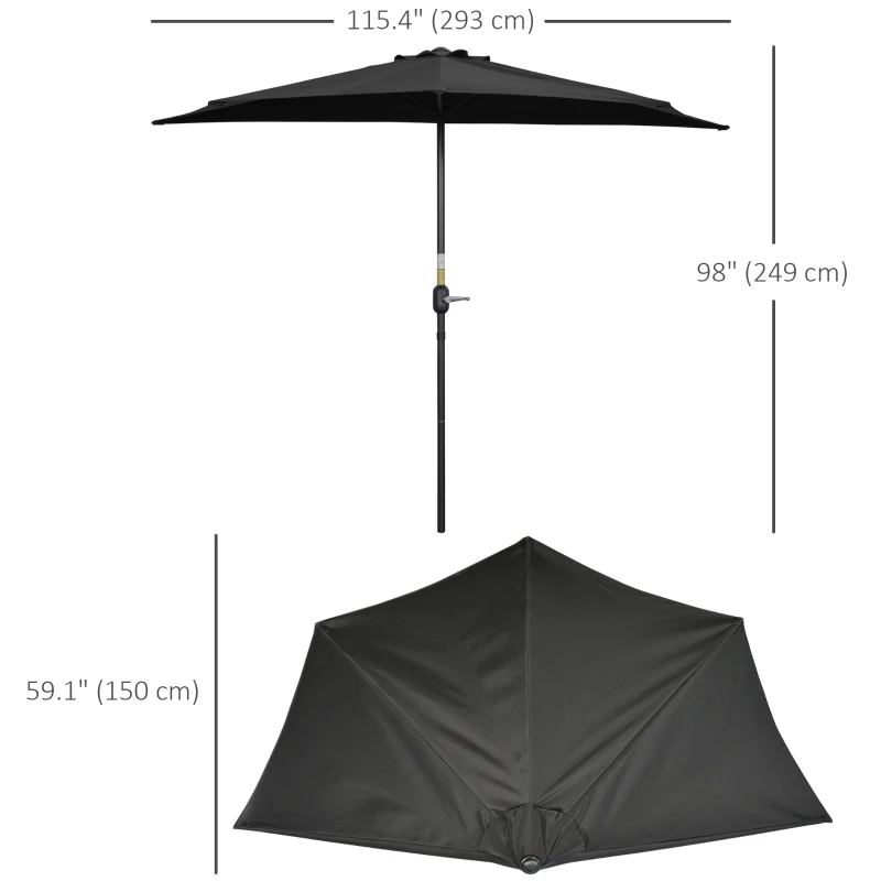 Outsunny 9.8ft Half Umbrella Semi Round Patio Parasol with Crank Handle, Top Vent for Garden, Balcony- NO BASE INCLUDED, Black