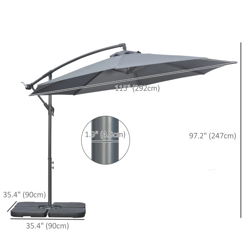 Outsunny 9.6ft Offset Patio Umbrella Garden Hanging Parasol Banana Cantilever Umbrella with Base, Crank, Dark Grey