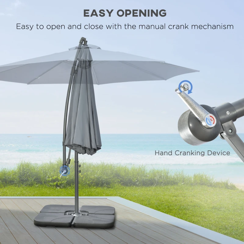 Outsunny 9.6ft Offset Patio Umbrella Garden Hanging Parasol Banana Cantilever Umbrella with Base, Crank, Dark Grey