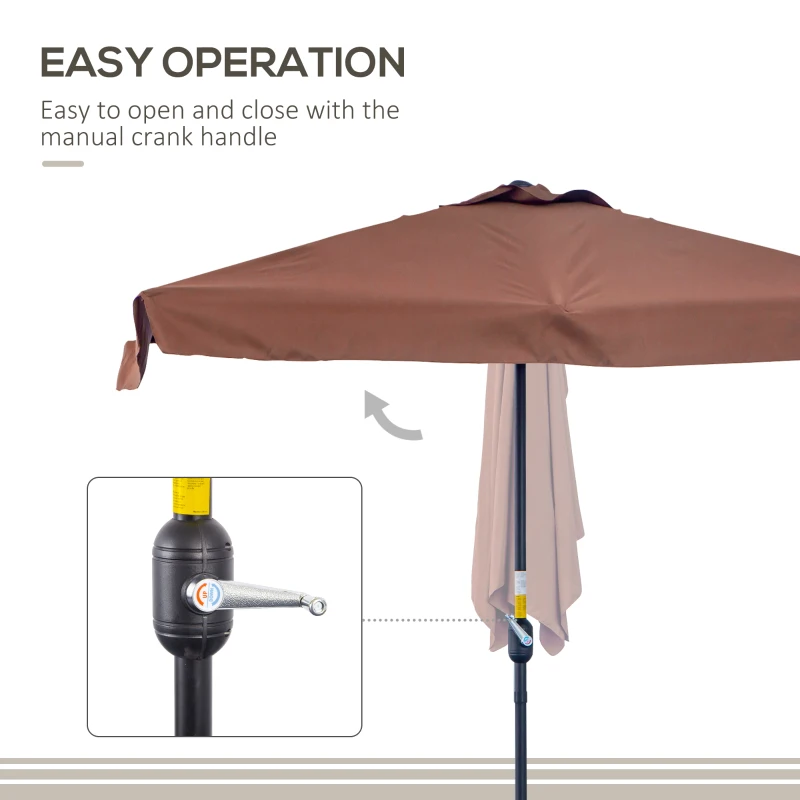 Outsunny 7.5ft Half Umbrella Semi Patio Parasol with Crank Handle, Top Vent for Garden, Balcony- NO BASE INCLUDED, Coffee