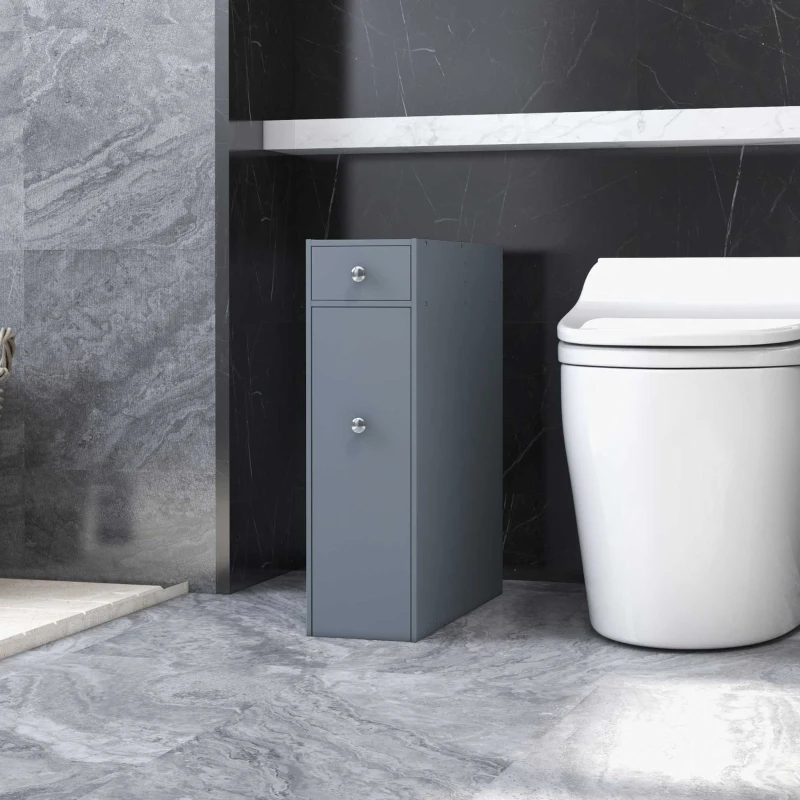 Modern Narrow Wooden Bathroom Cabinet, Storage for Toilet Paper & Linens, Sleek Gray Finish, Space-Saving Design