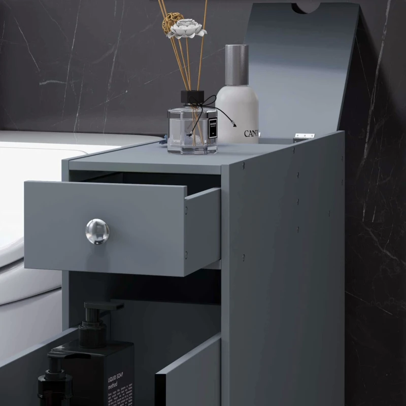 Modern Narrow Wooden Bathroom Cabinet, Storage for Toilet Paper & Linens, Sleek Gray Finish, Space-Saving Design