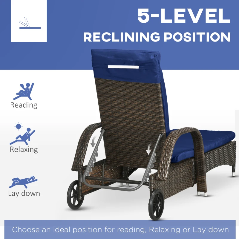 Outsunny Patio Wicker Chaise Lounge Chair Set of 2 with Table, 5-Level Adjustable Backrest, Wheels, Cushion & Headrest, Blue