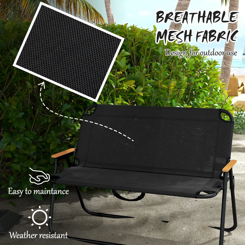 Outsunny 2-Seat Folding Patio Bench Camping Chair, Sports Chair with Armrest, Mesh Fabric Seat for Lawn, Black