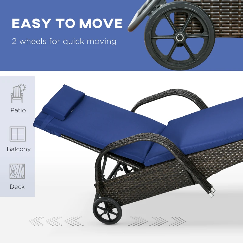 Outsunny Patio Wicker Chaise Lounge Chair Set of 2 with Table, 5-Level Adjustable Backrest, Wheels, Cushion & Headrest, Blue