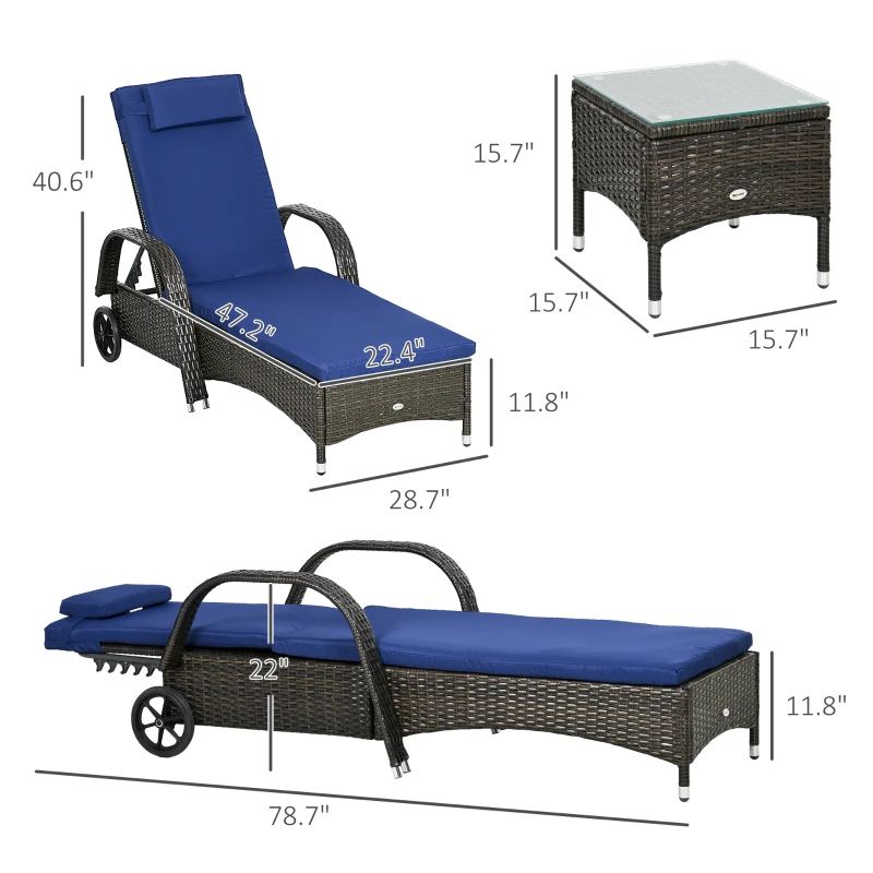 Outsunny Patio Wicker Chaise Lounge Chair Set of 2 with Table, 5-Level Adjustable Backrest, Wheels, Cushion & Headrest, Blue