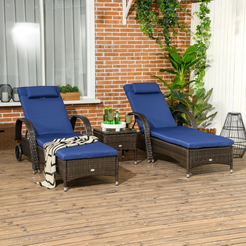 Outsunny Patio Wicker Chaise Lounge Chair Set of 2 with Table, 5-Level Adjustable Backrest, Wheels, Cushion & Headrest, Blue