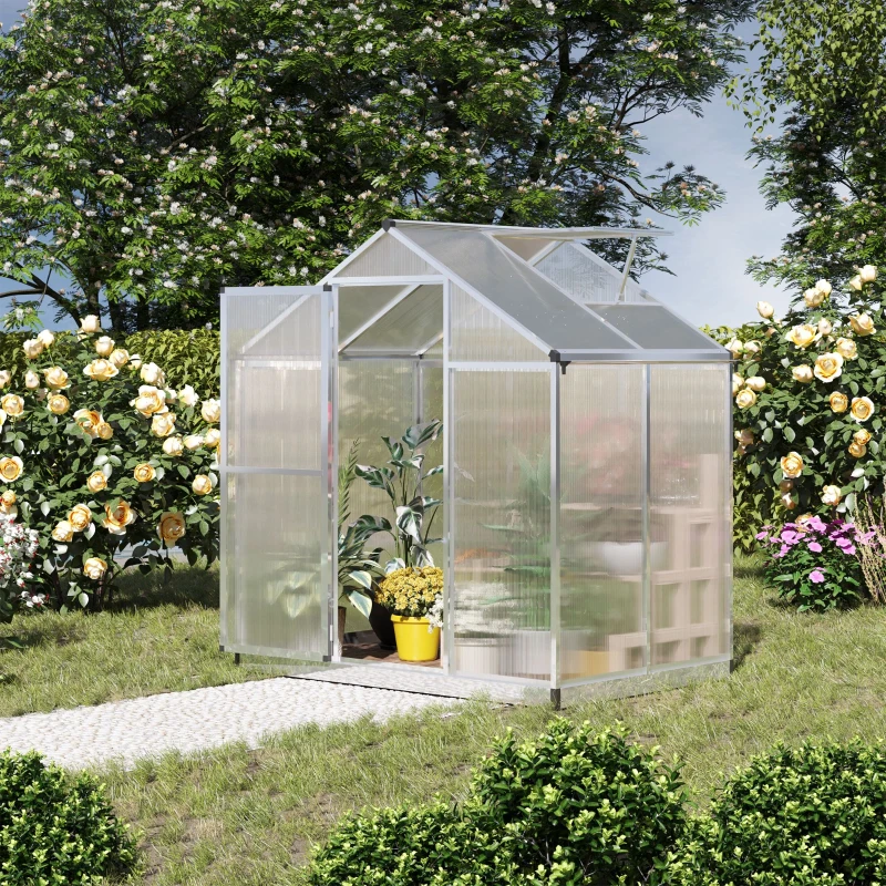 Outsunny 4' L x 6' W Walk-In Polycarbonate Greenhouse with Roof Vent,Greenhouse for Winter
