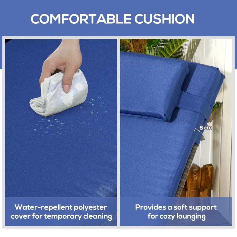 Outsunny Patio Wicker Chaise Lounge Chair Set of 2 with Table, 5-Level Adjustable Backrest, Wheels, Cushion & Headrest, Blue