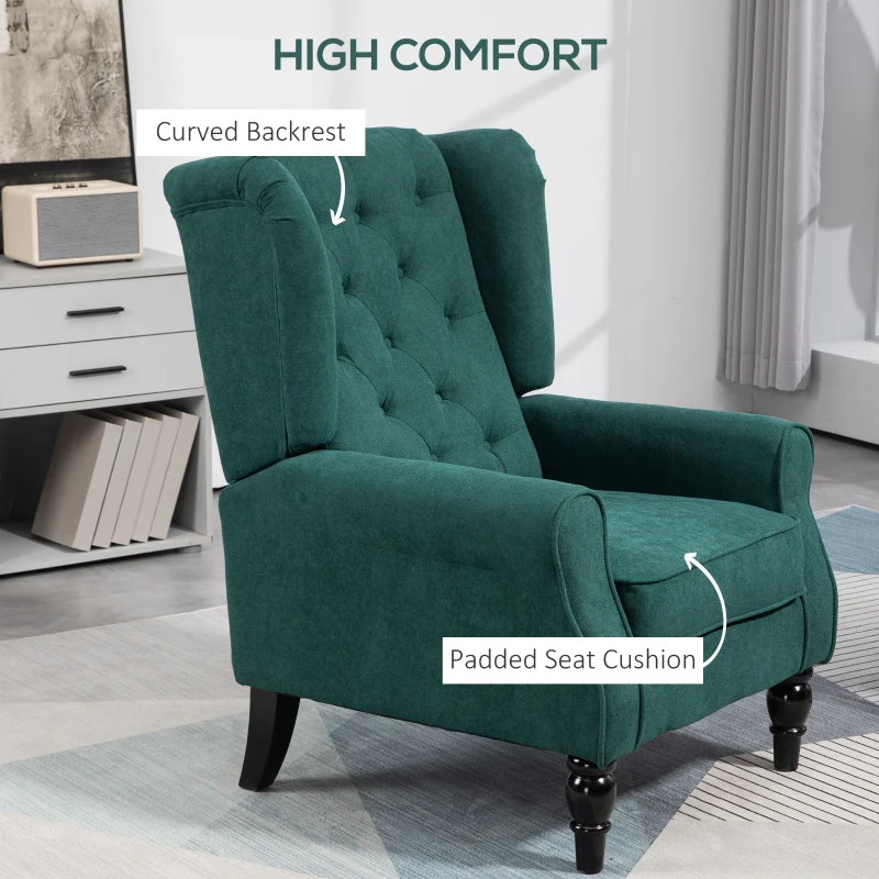HOMCOM Wingback Accent Chair for Living Room, Button-Tufted Lounge Chair with Round Armrests and Wood Legs, Dark Green