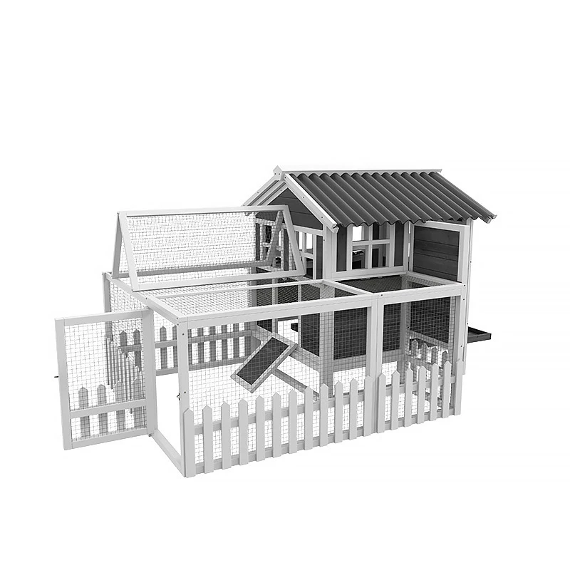 PawHut Wooden Chicken Coop for 3-4 Chickens, Outdoor Hen House with Nesting Box, Removable Tray & Fence, Spacious Poultry Cage, 68" x 59" x 42", Gray