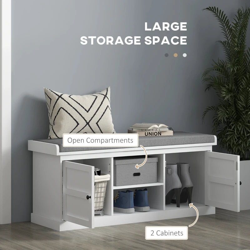 HOMCOM Shoe Storage Bench with Cushioned Seat, Entryway Bench Seat with 2 Cabinets and Adjustable Shelf for Hallway, White