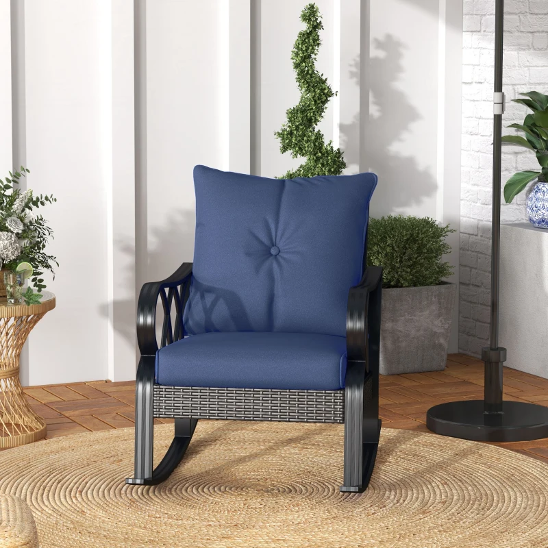 Outsunny 2 Piece Outdoor Wicker Rocking Chairs Rattan Porch Rockers with Cushions, Aluminum Frame for Garden, Patio, Blue