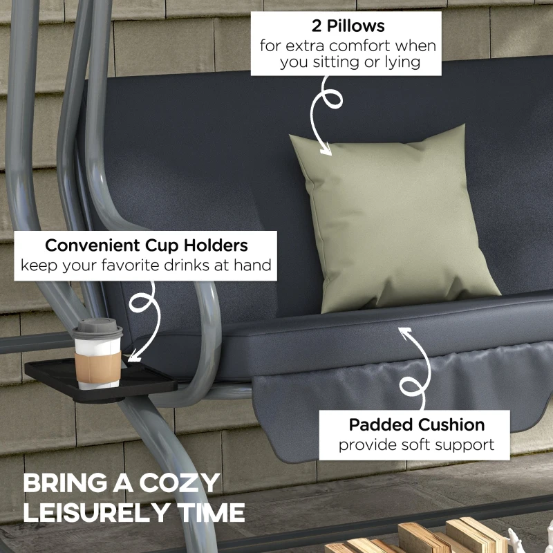 Outsunny 3-Seat Outdoor Patio Swing Canopy Chair, Converting Flat Bed with Adjustable Shade, Cushions, Cup Holder, Dark Grey