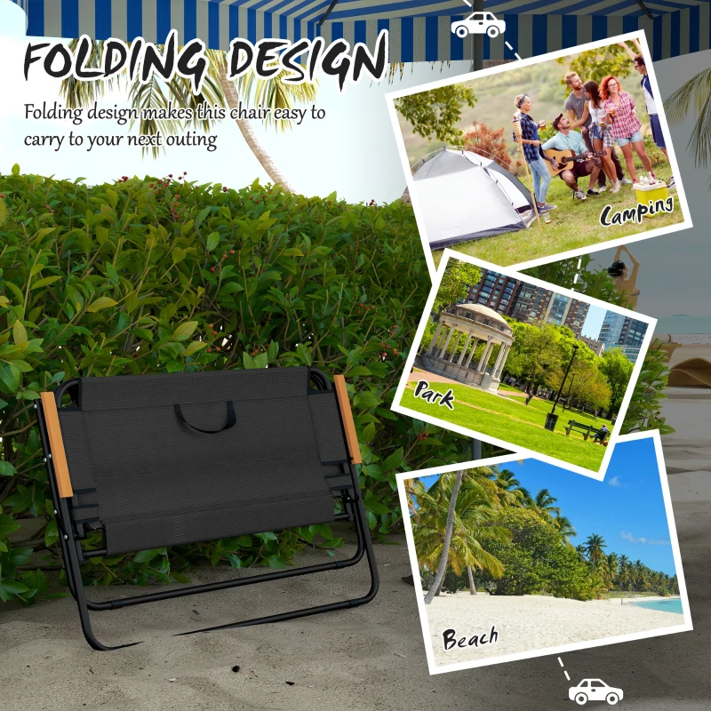 Outsunny 2-Seat Folding Patio Bench Camping Chair, Sports Chair with Armrest, Mesh Fabric Seat for Lawn, Black
