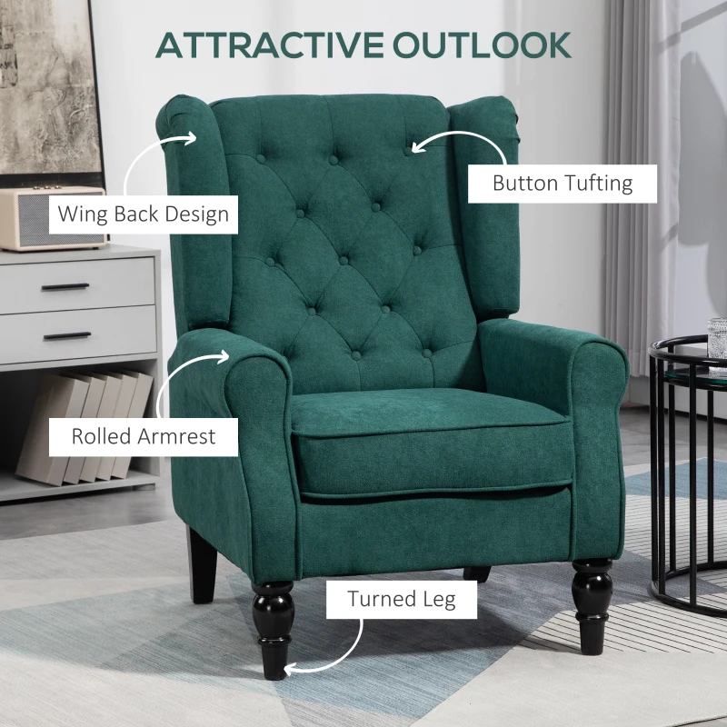 HOMCOM Wingback Accent Chair for Living Room, Button-Tufted Lounge Chair with Round Armrests and Wood Legs, Dark Green