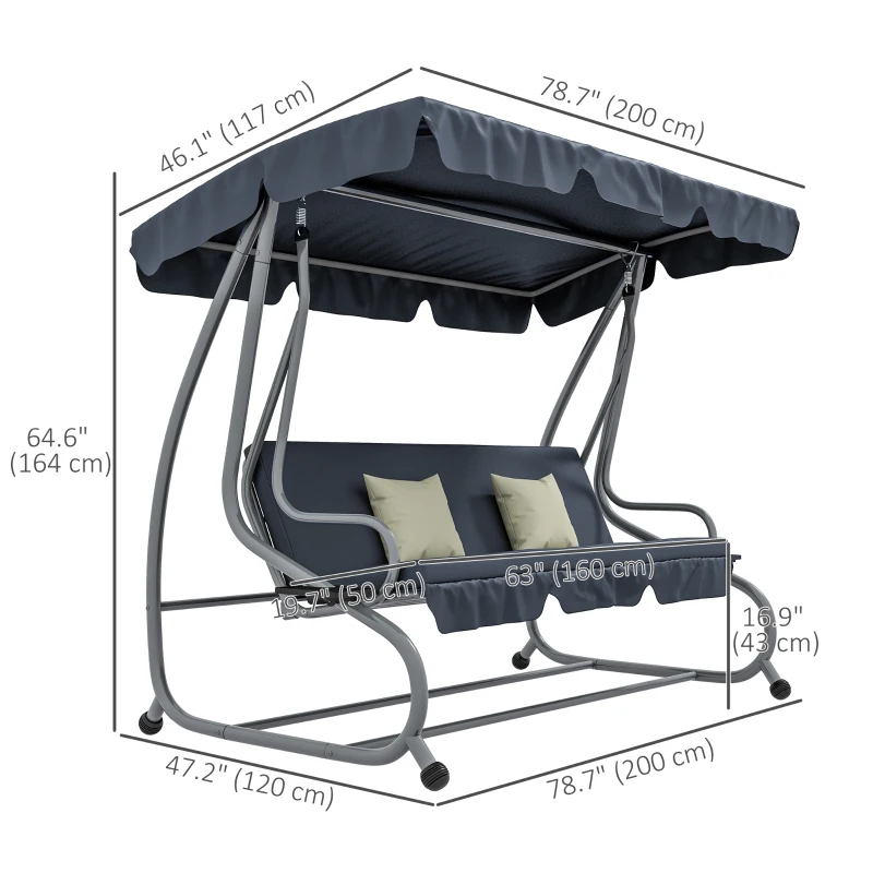Outsunny 3-Seat Outdoor Patio Swing Canopy Chair, Converting Flat Bed with Adjustable Shade, Cushions, Cup Holder, Dark Grey