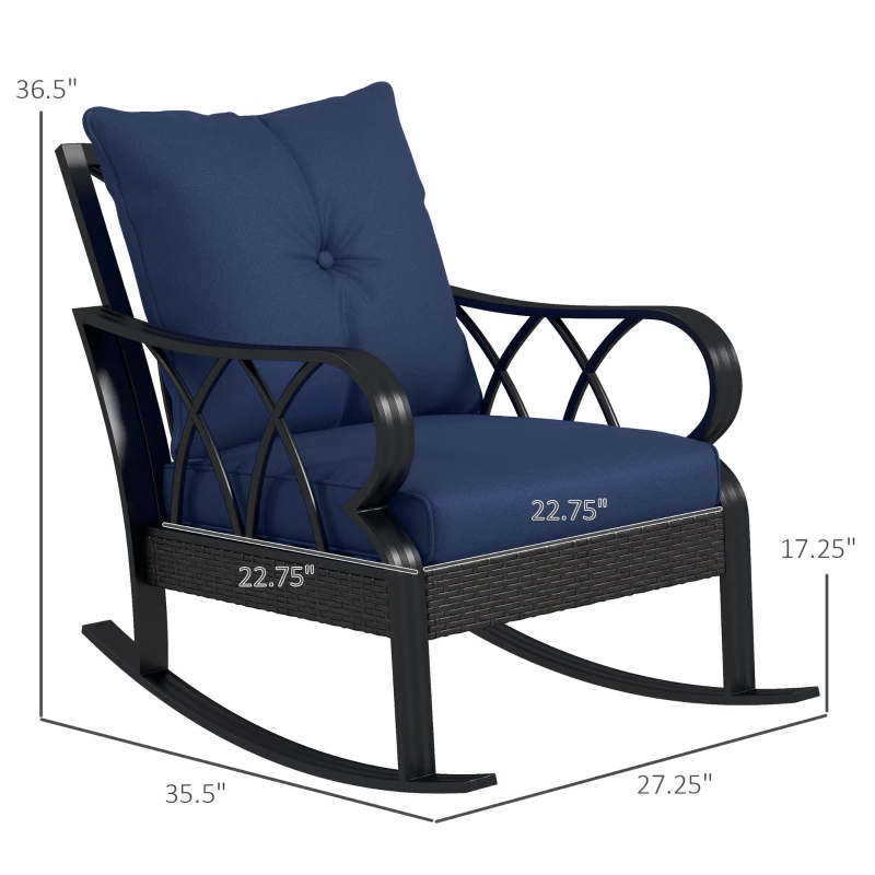 Outsunny 2 Piece Outdoor Wicker Rocking Chairs Rattan Porch Rockers with Cushions, Aluminum Frame for Garden, Patio, Blue