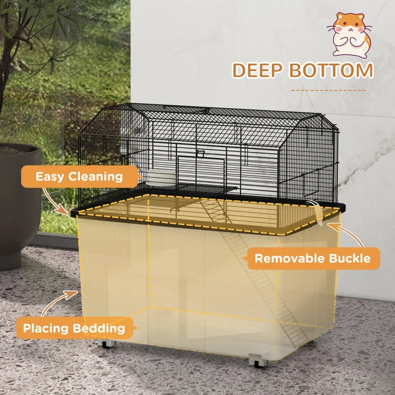 PawHut Hamster House Gerbil Habitat for Dwarf Hamster, Syrian Hamster with Wheels, Detachable Bottom - Black