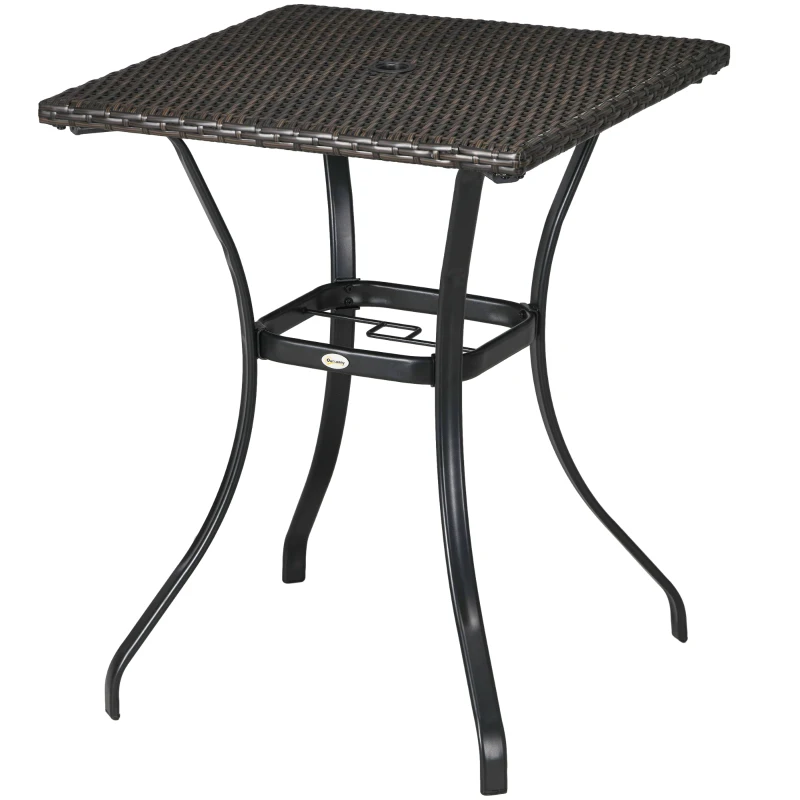 Outsunny Patio Wicker Dining Table with Umbrella Hole, 34 Inch Outdoor PE Rattan Coffee Table with Plastic Board Under the Woven Table Top for Patio, Garden, Balcony, Mixed Brown