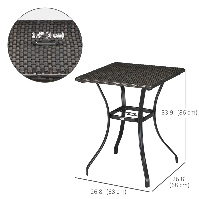 Outsunny Patio Wicker Dining Table with Umbrella Hole, 34 Inch Outdoor PE Rattan Coffee Table with Plastic Board Under the Woven Table Top for Patio, Garden, Balcony, Mixed Brown