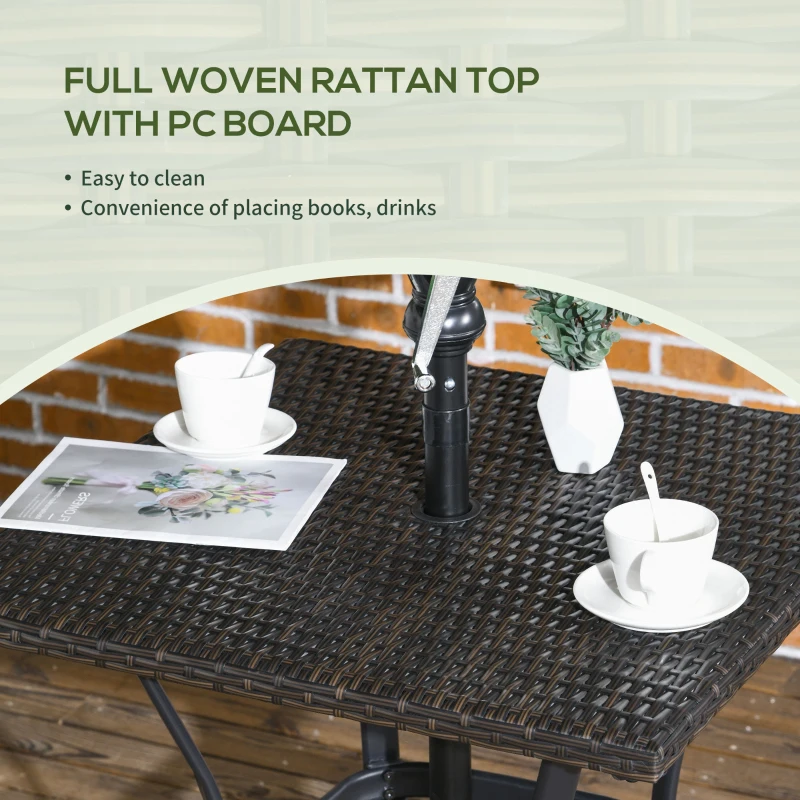 Outsunny Patio Wicker Dining Table with Umbrella Hole, 34 Inch Outdoor PE Rattan Coffee Table with Plastic Board Under the Woven Table Top for Patio, Garden, Balcony, Mixed Brown