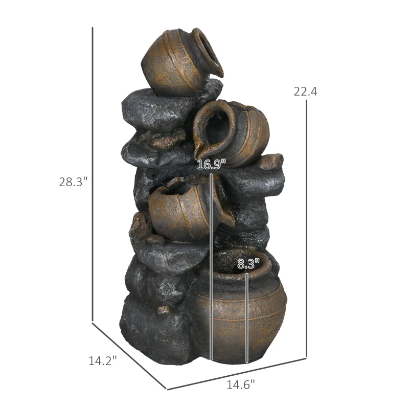 Outsunny 28.3" Solar Water Fountain, 4-Tier Resin Cascading Jars and Stacked Stones Outdoor Waterfall Fountain with LED Lights