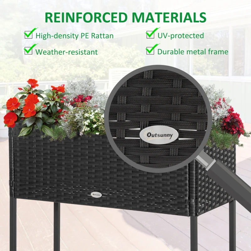 Outsunny Rattan Raised Garden Boxes, Elevated Flower Beds with Storage Shelf for Herbs, Flowers, Vegetables, Black