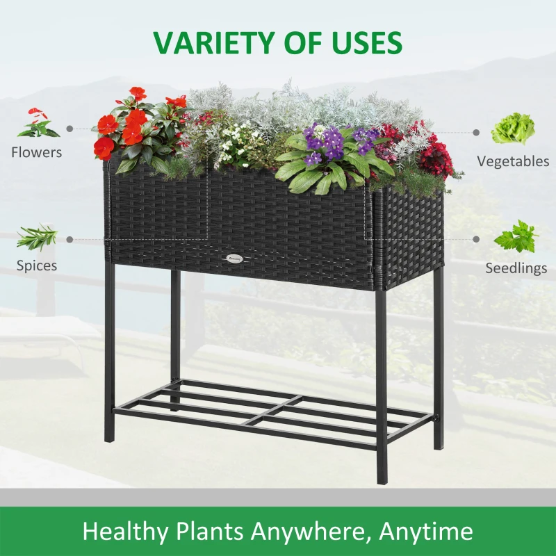 Outsunny Rattan Raised Garden Boxes, Elevated Flower Beds with Storage Shelf for Herbs, Flowers, Vegetables, Black