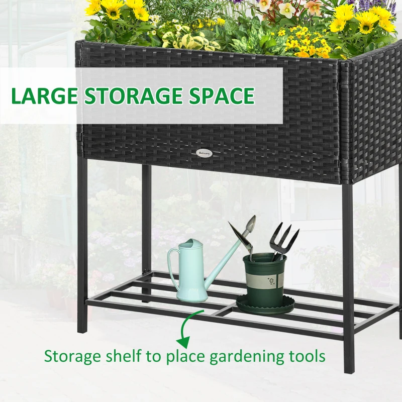 Outsunny Rattan Raised Garden Boxes, Elevated Flower Beds with Storage Shelf for Herbs, Flowers, Vegetables, Black