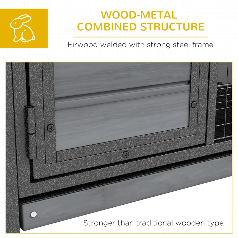 PawHut Wooden Rabbit Hutch Elevated with No Leak Tray, Openable Roof for Indoor/Outdoor, Gray