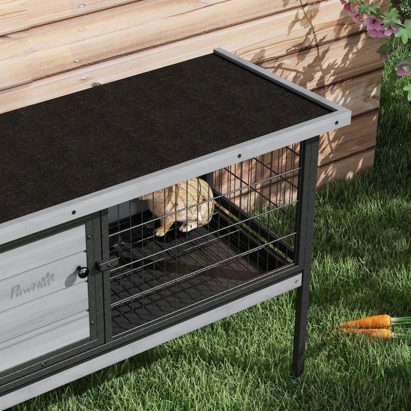 PawHut Wooden Rabbit Hutch Elevated with No Leak Tray, Openable Roof for Indoor/Outdoor, Gray