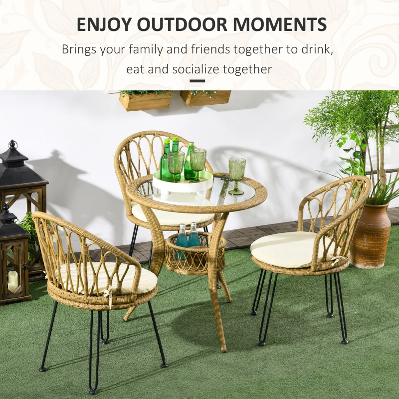 Outsunny 4 Pieces Rattan Dining Set with Storage Basket, Tempered Glass Table Top, for Garden, Backyard, Balcony, Light Brown