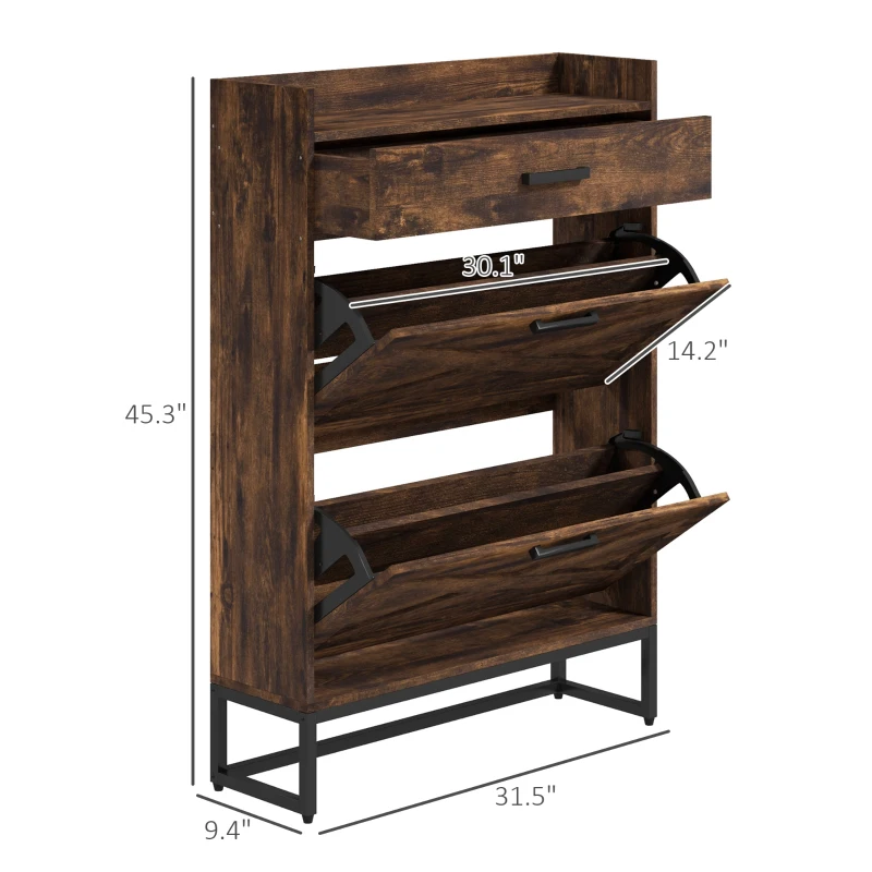HOMCOM Industrial Narrow Shoe Cabinet - Space-Saving Entryway Shoe Organizer with 2 Flip Drawers & Adjustable Shelves, Rustic Brown, Stores 12 Pairs