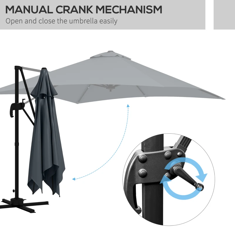 Outsunny 10x10ft Cantilever Umbrella Rotatable Square Market Parasol, 4 Adjustable Angle for Outdoor Backyard Patio Dark Grey