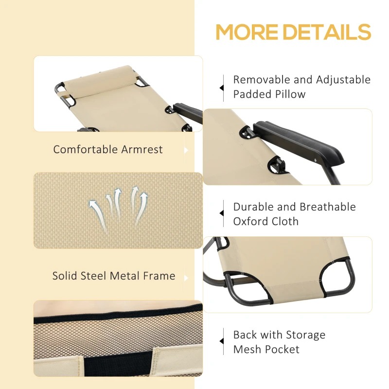 Outsunny Folding Chaise Lounge Chair, Outdoor Portable 2-Level Adjustable Recliner Zero Gravity Chair with Headrest Pillow, Beige