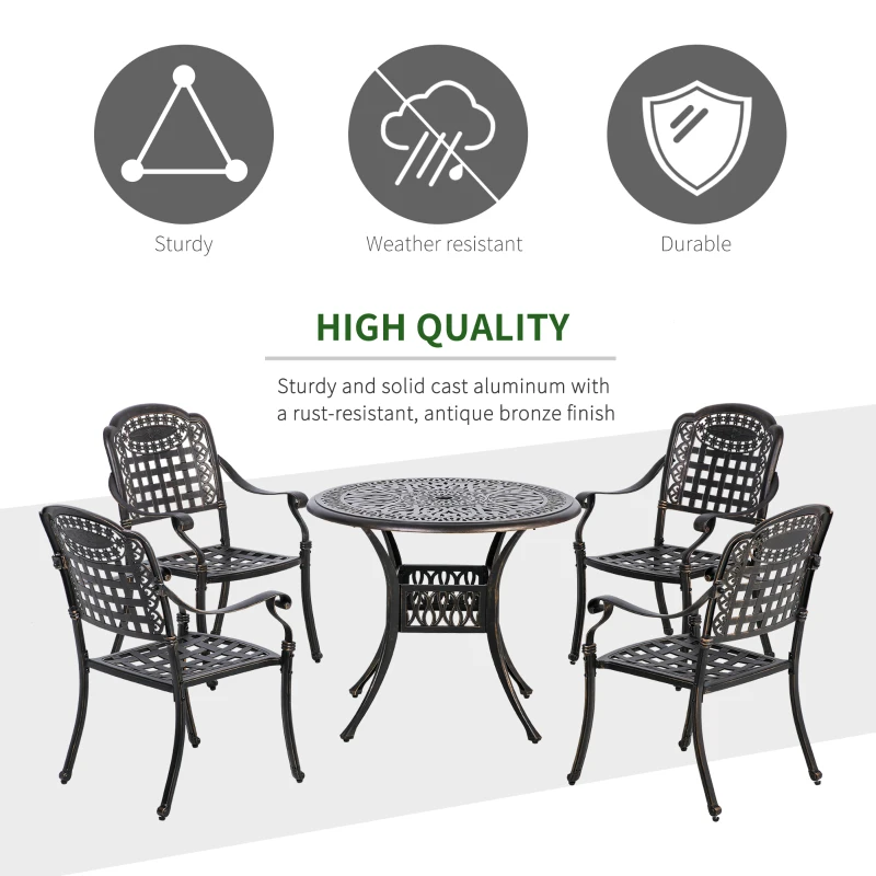 Outsunny 5-Piece Outdoor Patio Dining Set with 4 Armchairs & 1 Table with Umbrella Hole, 35" Round Bistro Table, Cast Aluminium Patio Furniture Set for Garden Deck Yard, Bronze