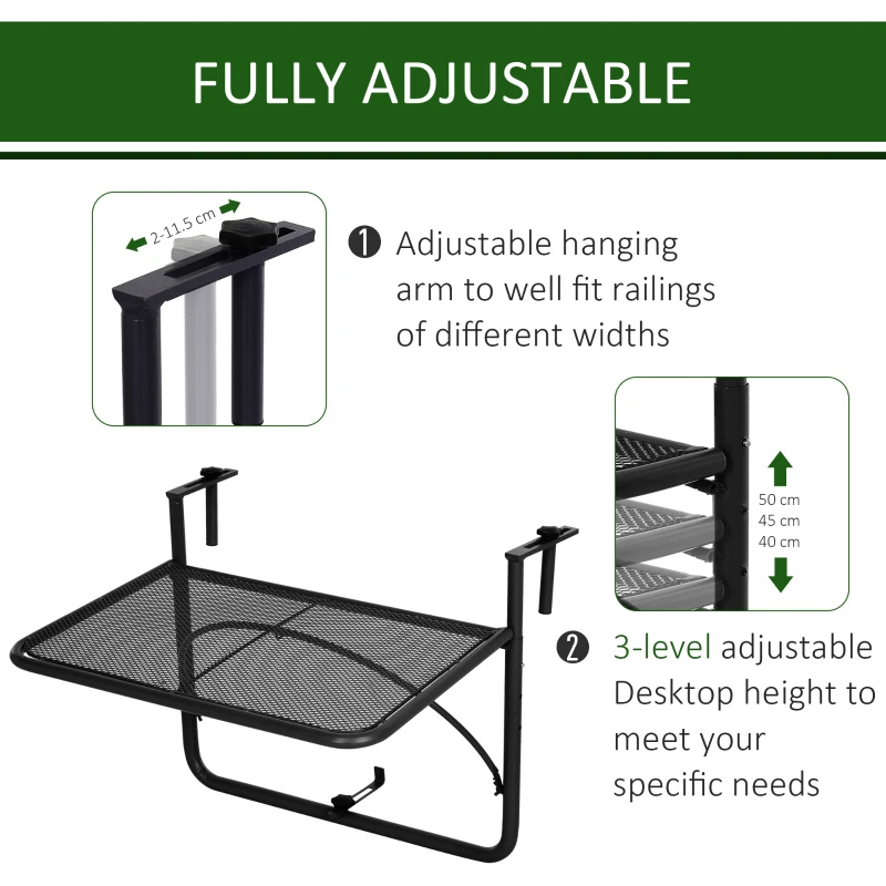 Outsunny Adjustable Balcony Hanging Railing Table, Metal Mounting Mini Wall Desk Storage Rack, Outdoor Flower Stand Serving Table Rectangle, Black