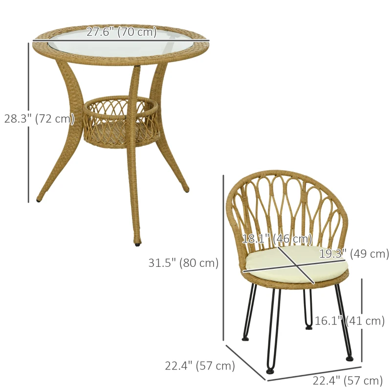 Outsunny 4 Pieces Rattan Dining Set with Storage Basket, Tempered Glass Table Top, for Garden, Backyard, Balcony, Light Brown