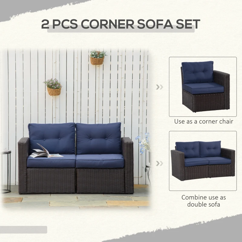 Outsunny 2 Pieces Patio Furniture Set Outdoor Loveseat Wicker Corner Sofa Set Outdoor Freely Combination PE Rattan Furniture, W/ Curved Armrests & Padded Cushion for Balcony, Garden, Lawn, Dark Blue
