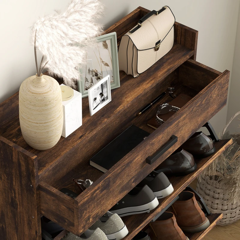HOMCOM Industrial Narrow Shoe Cabinet - Space-Saving Entryway Shoe Organizer with 2 Flip Drawers & Adjustable Shelves, Rustic Brown, Stores 12 Pairs