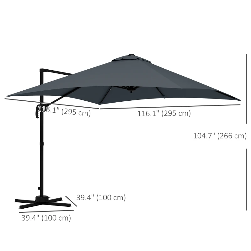 Outsunny 10x10ft Cantilever Umbrella Rotatable Square Market Parasol, 4 Adjustable Angle for Outdoor Backyard Patio Dark Grey