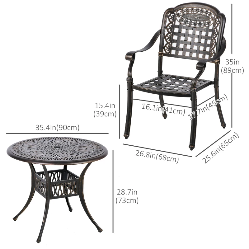 Outsunny 5-Piece Outdoor Patio Dining Set with 4 Armchairs & 1 Table with Umbrella Hole, 35" Round Bistro Table, Cast Aluminium Patio Furniture Set for Garden Deck Yard, Bronze