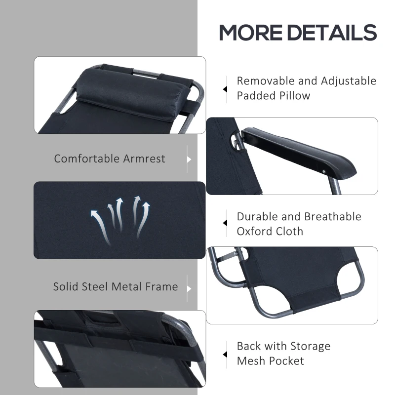 Outsunny Folding Chaise Lounge Chair, Outdoor Portable 2-Level Adjustable Recliner Zero Gravity Chair with Headrest Pillow, Armrests with Storage Mesh Pocket, Black